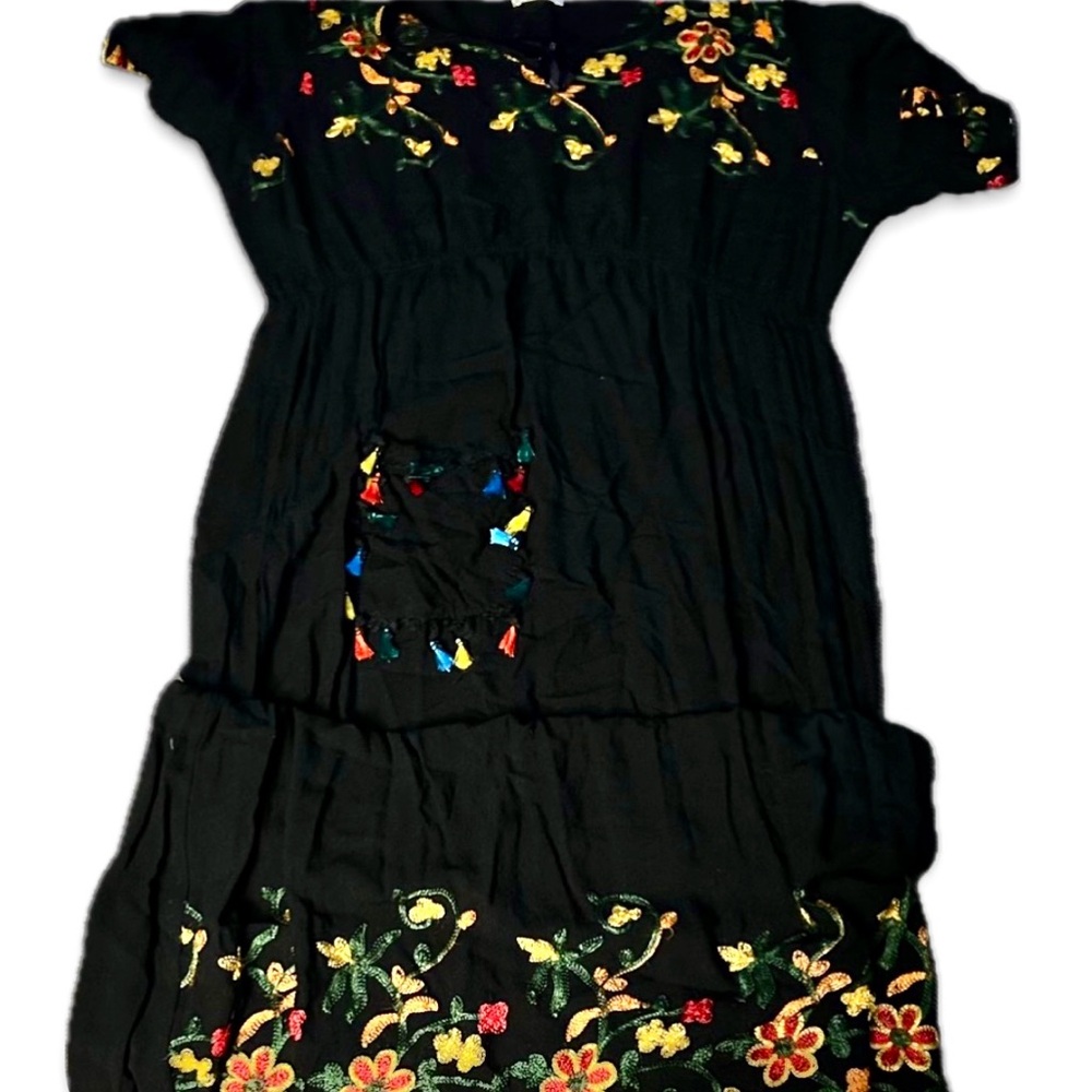 Embroidered Black Maxi Dress with Floral Accents